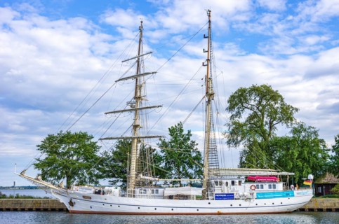 The sail training ship GREIF ex WILHELM PIECK at its berth in the city harbour of Greifswald-Wieck