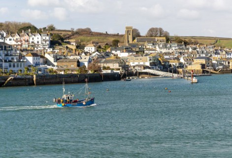 View of fishing boat returning to port