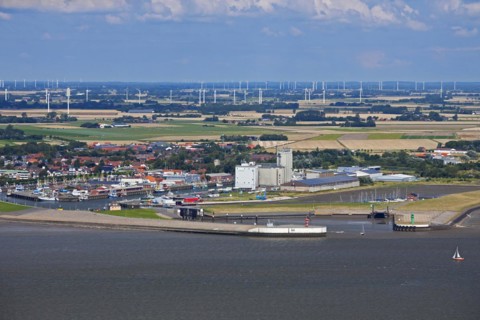 Aerial view over the harbour of Buesum along the North Sea