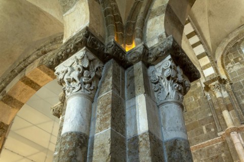 Vezelay labelled les Plus Beaux Villages de France. Sculptures atop the caoitals of Basilica St Mary Magdalene.Unesco World heritage. Morvan regional natural park. Via Lemovicensis way to Santiago de ...