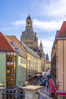 Famous and classic view of the Church of Our Lady from the Bruehlsche Terrasse down the Muenzgasse