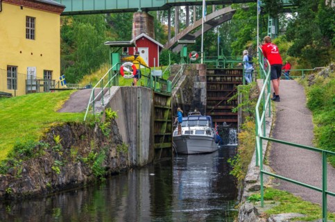 Boat traffic at the lower lock of the lock system on the Dalsland Canal in Haverud near Mellerud