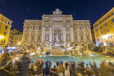 Trevi Fountain at Night in City Square in Rome