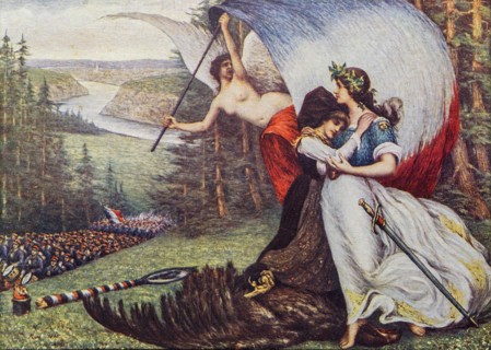 Old French vintage postcard showing early 20th century painting Retour de l'Alsace a la France by painter Louis Ridel