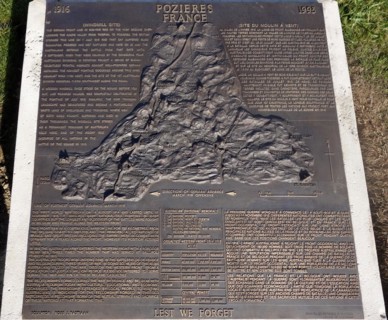 Bronze plaque showing the WWI front at the First World War One Windmill site at the Pozieres Ridge