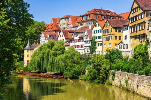 Beautiful view of the historic Neckar front in the old town of Tuebingen