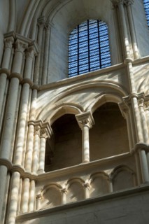 Vezelay labelled les Plus Beaux Villages de France. Columns lit by the rays of the sun. Basilica St Mary Magdalene.Unesco World heritage. Morvan regional natural park. Via Lemovicensis way to Santiago...