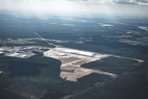 Aerial view of the Tesla Gigafactory Berlin-Brandenburg in Gruenheide. 23.04.2021.