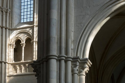 Vezelay labelled les Plus Beaux Villages de France. Columns lit by the rays of the sun. Basilica St Mary Magdalene.Unesco World heritage. Morvan regional natural park. Via Lemovicensis way to Santiago...