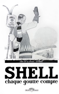 French black-and-white vintage advertisement for Shell oil in magazine