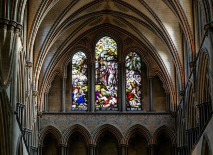 Stained glass window of Moses inside cathedral church