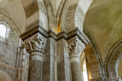 Vezelay labelled les Plus Beaux Villages de France. Sculptures atop the caoitals of Basilica St Mary Magdalene.Unesco World heritage. Morvan regional natural park. Via Lemovicensis way to Santiago de ...