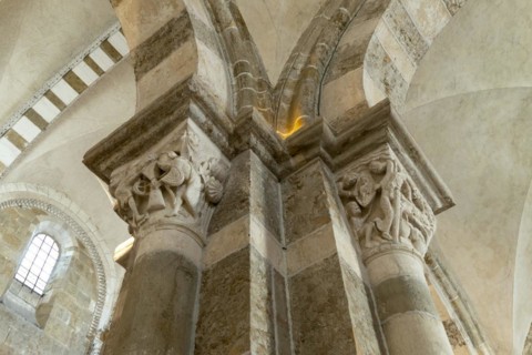 Vezelay labelled les Plus Beaux Villages de France. Sculptures atop the caoitals of Basilica St Mary Magdalene.Unesco World heritage. Morvan regional natural park. Via Lemovicensis way to Santiago de ...