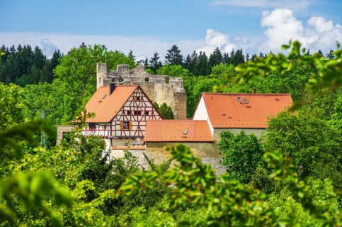 View from the south of Derneck Castle in the Great Lauter Valley on the Swabian Alb near Reutlingen