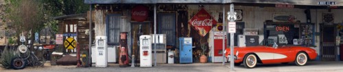 General store along the historic Route 66 with vintage gas pumps