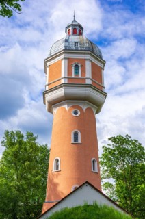 The historic water tower built in neo-baroque style in Kollmanspark and landmark of Neu-Ulm