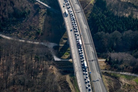 Traffic jam on the section of the BAB 45 just in front of the Rahmede viaduct. The bridge is closed to all traffic due to damage. North Rhine-Westphalia