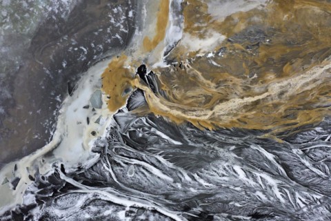 Aerial view over the glacial Virkisa River basin along the Glacier Falljoekull in winter in Austurland