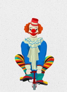 Cute clown riding a small bicycle