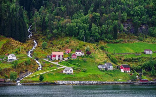Waterfalls from Mountains and Fiord to Olden