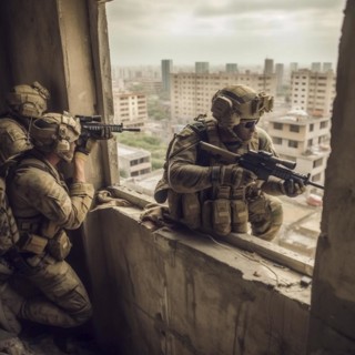 Soldiers with full combat gear in urban combat