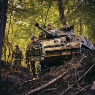 Soldiers with full battle gear and tanks in the battlefield