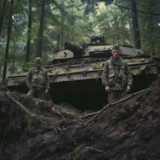 Soldiers with full battle gear and tanks in the battlefield