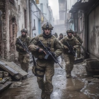 Soldiers with full combat gear in the battlefield