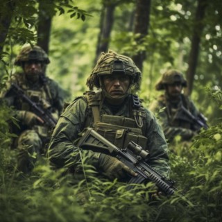 Soldiers with full combat gear in the battlefield