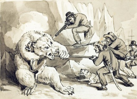 Seamen in the whale fishery shooting a polar bear