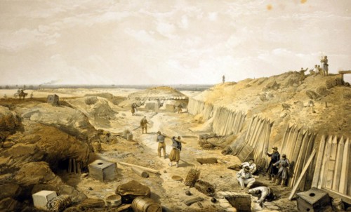 Digging the Bastion du Mont View of earthworks with piles