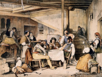 The interior of a posada with men smoking and playing cards while others and a mule rest nearby