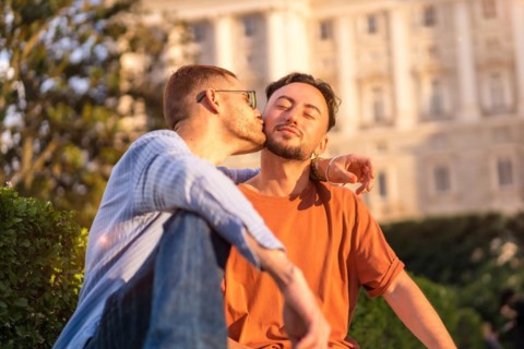 Portrait of gay newlyweds sitting in the park at sunset in a park in the city