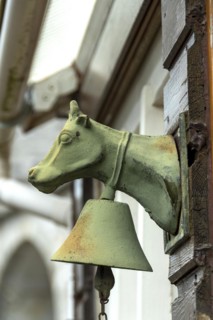 A cows head with a bell on a door