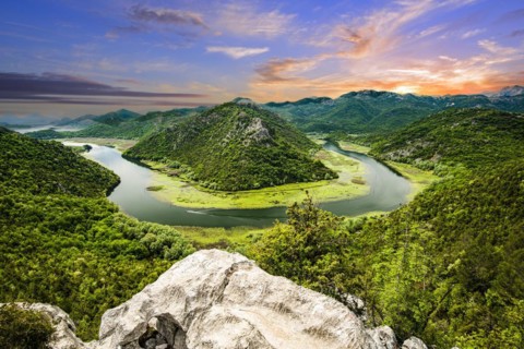 River bend of the Rijeka Crnojevica river at sunset