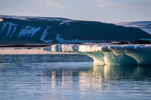 Melting ice floe at the coast in Svalbard in midnight sunshine