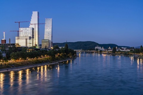 Roche Tower or Roche Tower and the Rhine in Basel at dusk