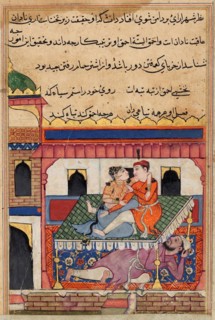 Shahr-Arai and her lover dally on a bed under which her man is hiding