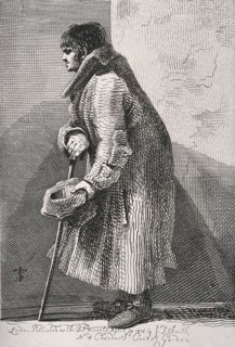 A blind beggar bent over his walking stick and holding out his hat for money