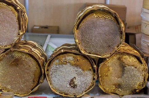 Sweet fresh honey in the sealed comb frame