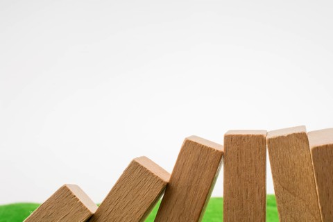 Wooden dominos on green grass