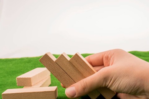Wooden dominos on green grass