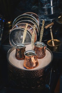 Turkish coffee pots made of metal in a traditional style