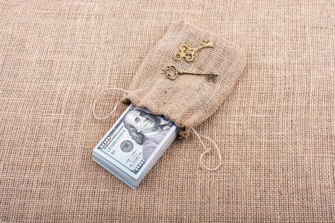 Retro key and bundle of US dollar in a sack on a canvas