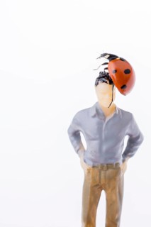 Ladybug walking on body of figurine man