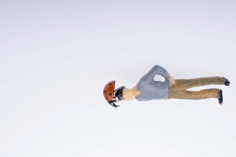 Ladybug walking on body of figurine man