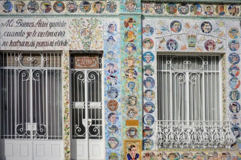 Artistic façade with mosaic with tango motifs in Buenos Aires