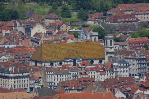 View of roofs and striking roof of Ste-Madeleine Cathedral