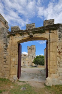 View through the archway of the Romanesque monastery Abbaye de Montmajour