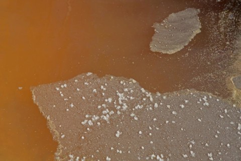 Salt deposit in brown water at saline